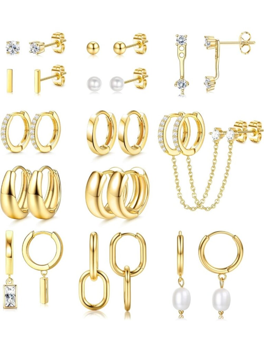 13 Pairs Gold Small Stud Hoop Earrings Set for Women - Versatile Jewelry